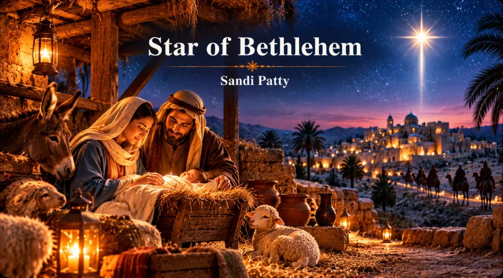 Star of Bethlehem – Mary and Joseph cradle baby Jesus beneath the radiant Christmas star.