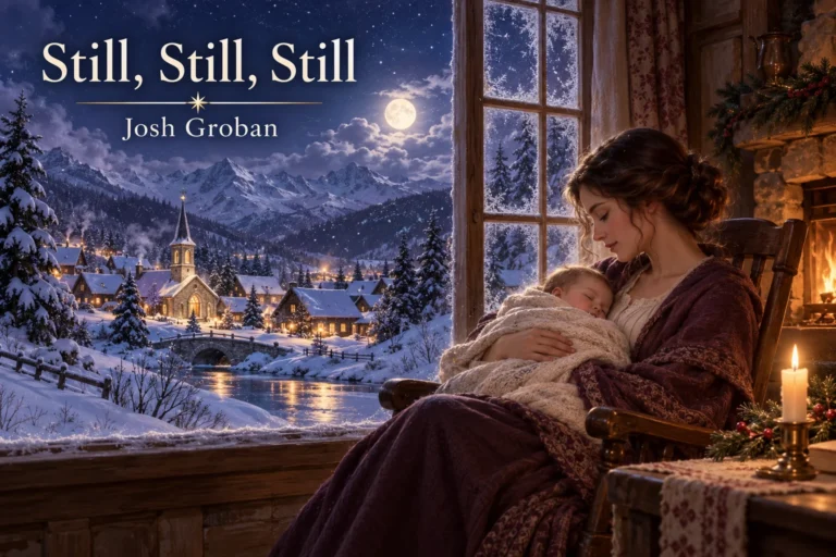 Still, Still, Still: mother cradles a sleeping baby beside a moonlit snowy Christmas village.