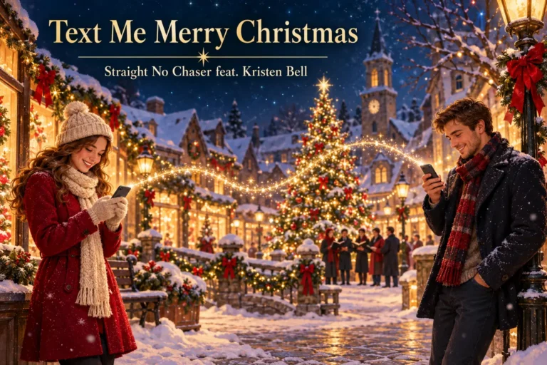 Text Me Merry Christmas: a couple exchanges festive messages across a snowy Christmas square.