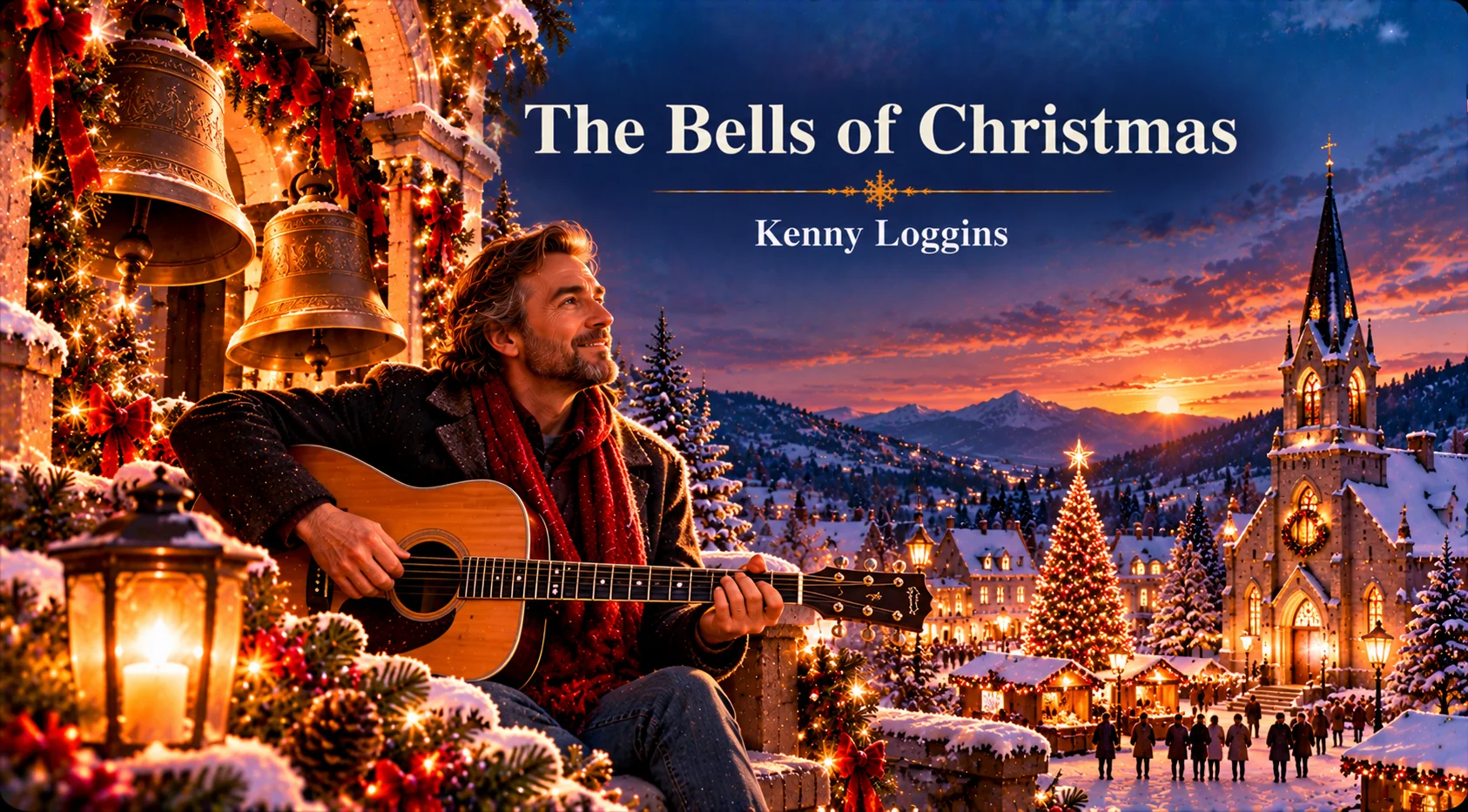 The Bells of Christmas – guitarist performs beneath festive bells at a snowy Christmas market.