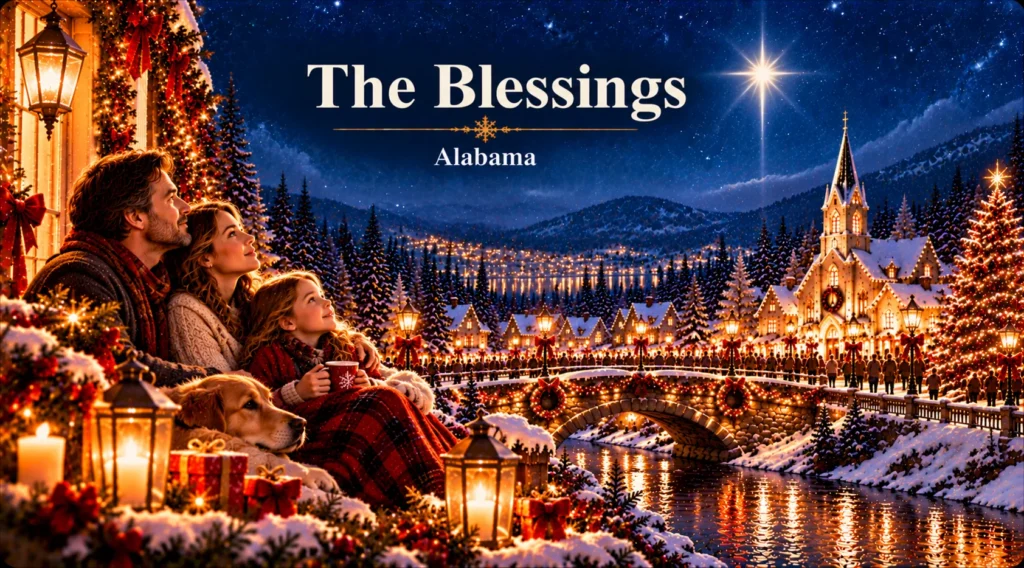 The Blessings – family shares a peaceful Christmas moment overlooking a glowing snowy village.