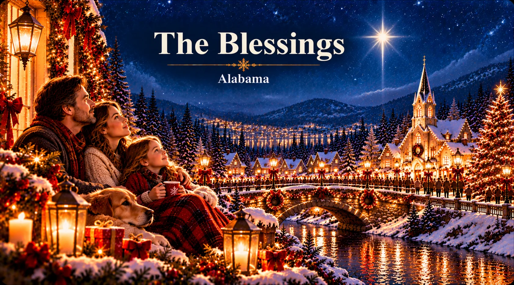 The Blessings – family shares a peaceful Christmas moment overlooking a glowing snowy village.