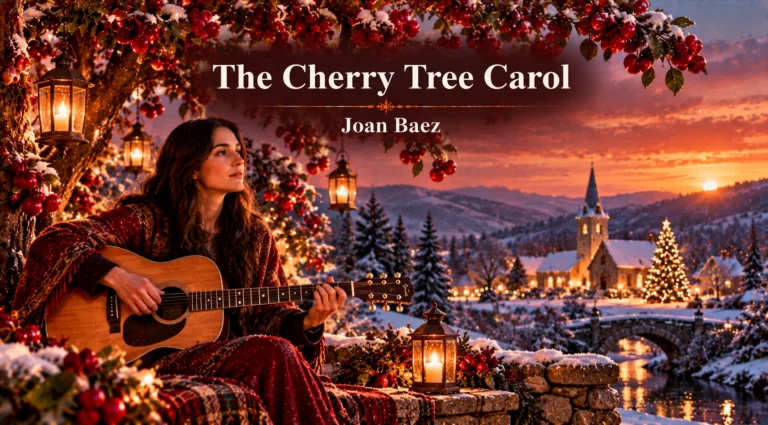 The Cherry Tree Carol – woman plays guitar beneath a snowy cherry tree at Christmas sunset.