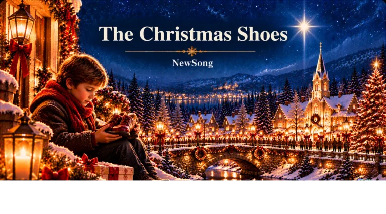 The Christmas Shoes – young boy holds red shoes beside a glowing snowy Christmas village.