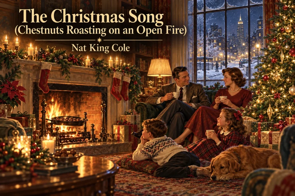 The Christmas Song: chestnuts roast beside a glowing fireplace, grand piano and decorated Christmas tree.