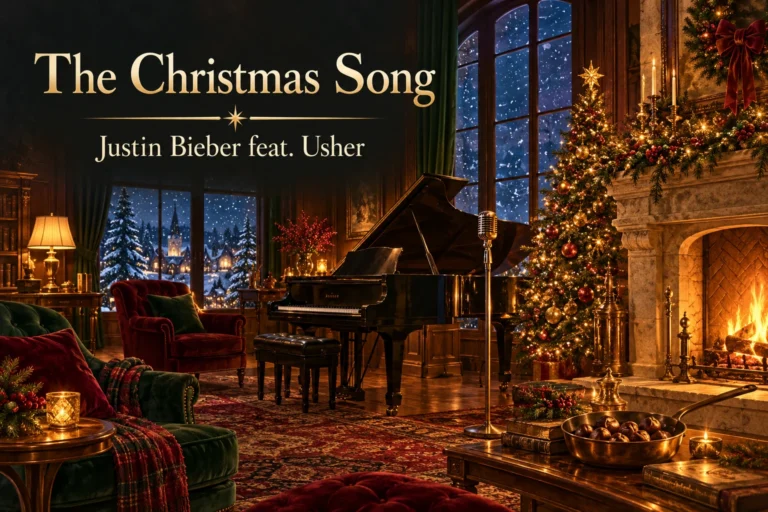 The Christmas Song: a family enjoys roasted chestnuts beside a glowing fireplace and Christmas tree.