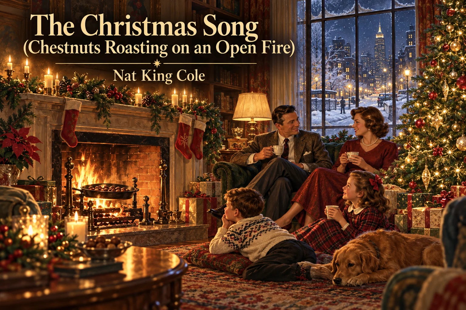 The Christmas Song: chestnuts roast beside a glowing fireplace, grand piano and decorated Christmas tree.
