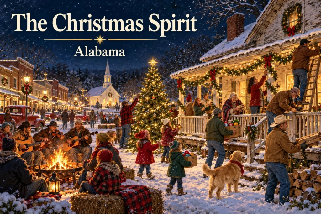 The Christmas Spirit – neighbors decorate and repair an elderly woman’s farmhouse on a snowy evening.