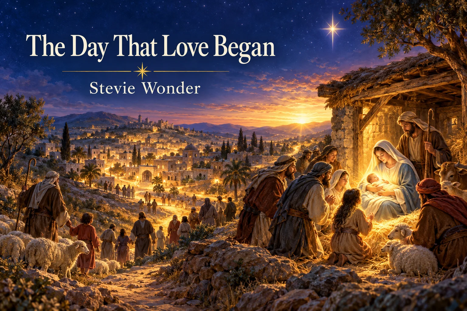 The Day That Love Began – golden light spreads from newborn Jesus across Bethlehem at dawn.