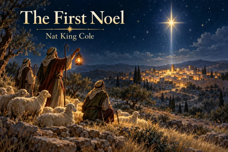 The First Noel: shepherds and sheep watch the Christmas star shine over distant Bethlehem.