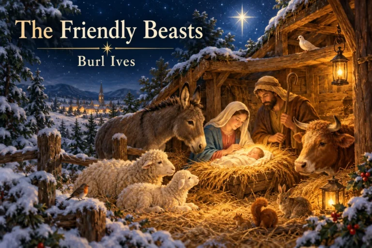The Friendly Beasts: gentle animals gather around Jesus in a lantern-lit snowy Nativity stable.
