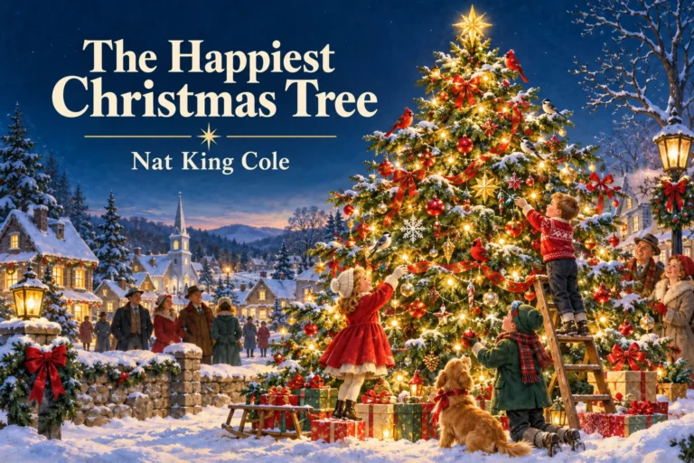 The Happiest Christmas Tree – children decorate a sparkling evergreen in a snowy village square.