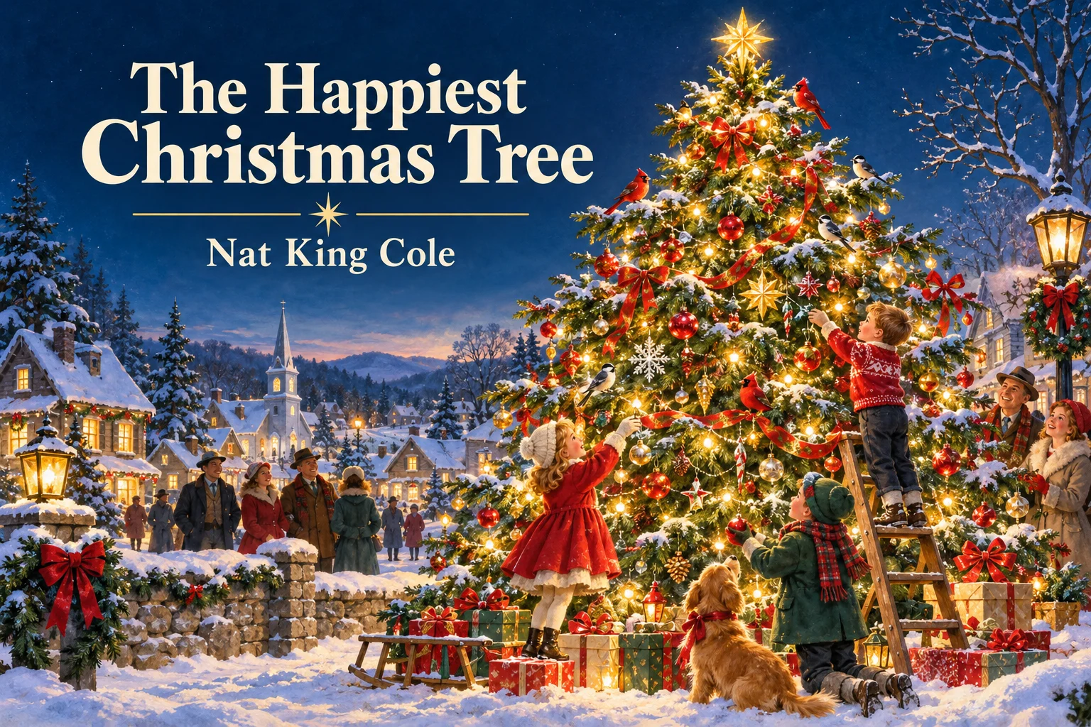 The Happiest Christmas Tree – children decorate a sparkling evergreen in a snowy village square.