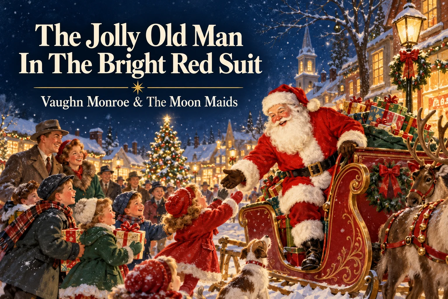 The Jolly Old Man in the Bright Red Suit greets children beside his Christmas sleigh.