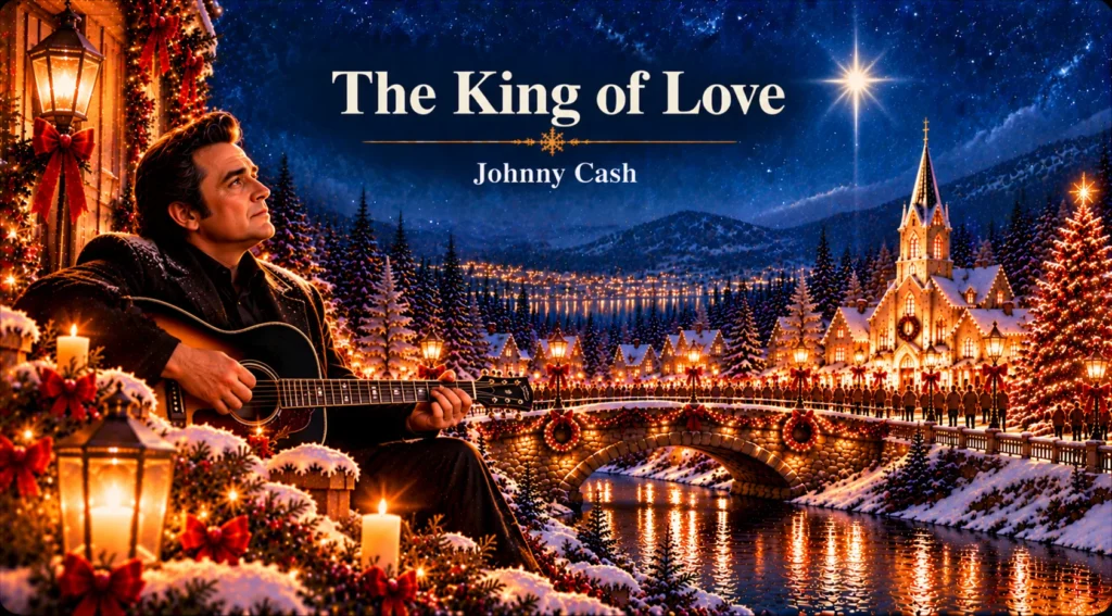 The King of Love – guitarist reflects beside a glowing church in a snowy Christmas village.