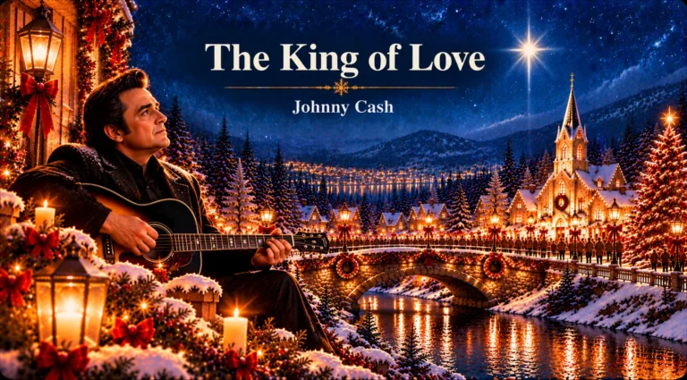 The King of Love – guitarist reflects beside a glowing church in a snowy Christmas village.