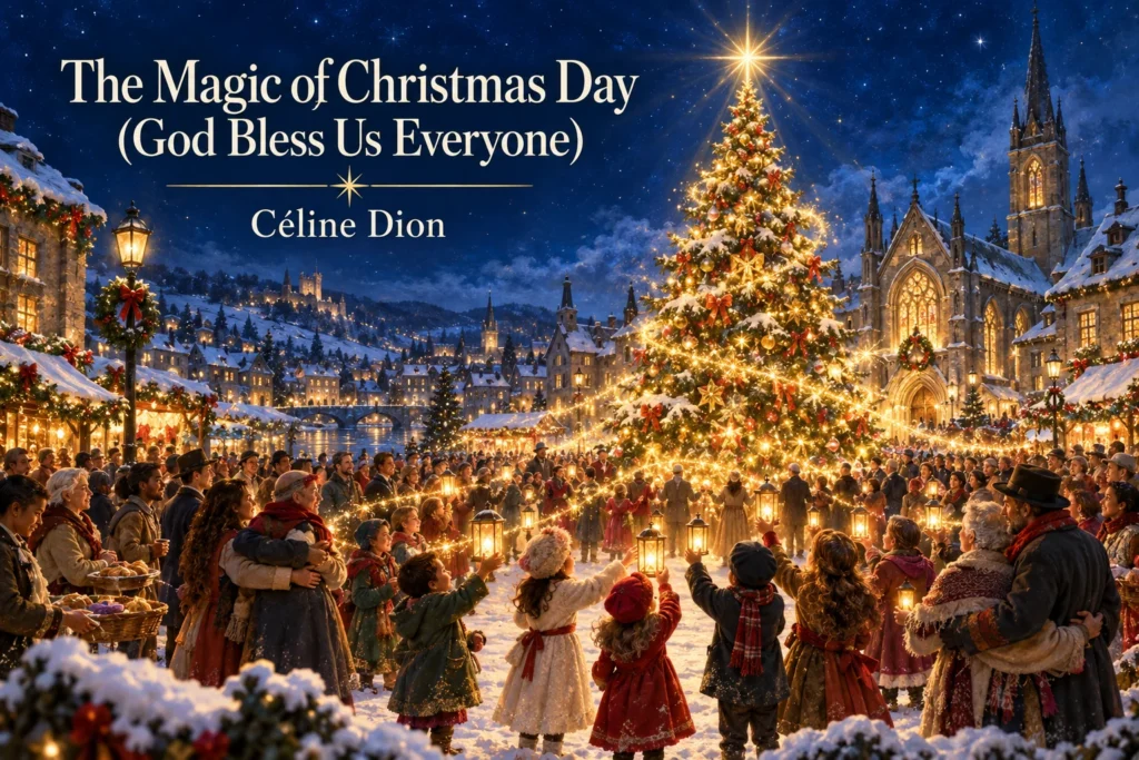 The Magic of Christmas Day (God Bless Us Everyone) – families gather around a radiant tree.