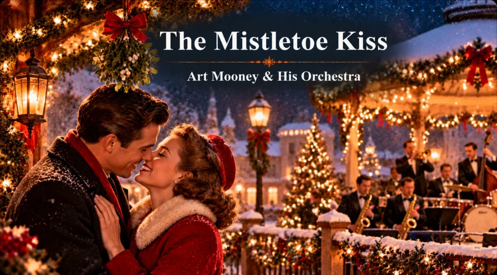 The Mistletoe Kiss – couple shares a romantic Christmas moment beneath mistletoe as an orchestra performs.