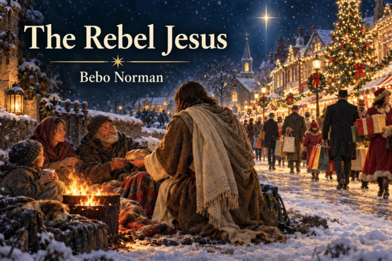 The Rebel Jesus – a humble traveler shares bread beside a lavish Christmas market.