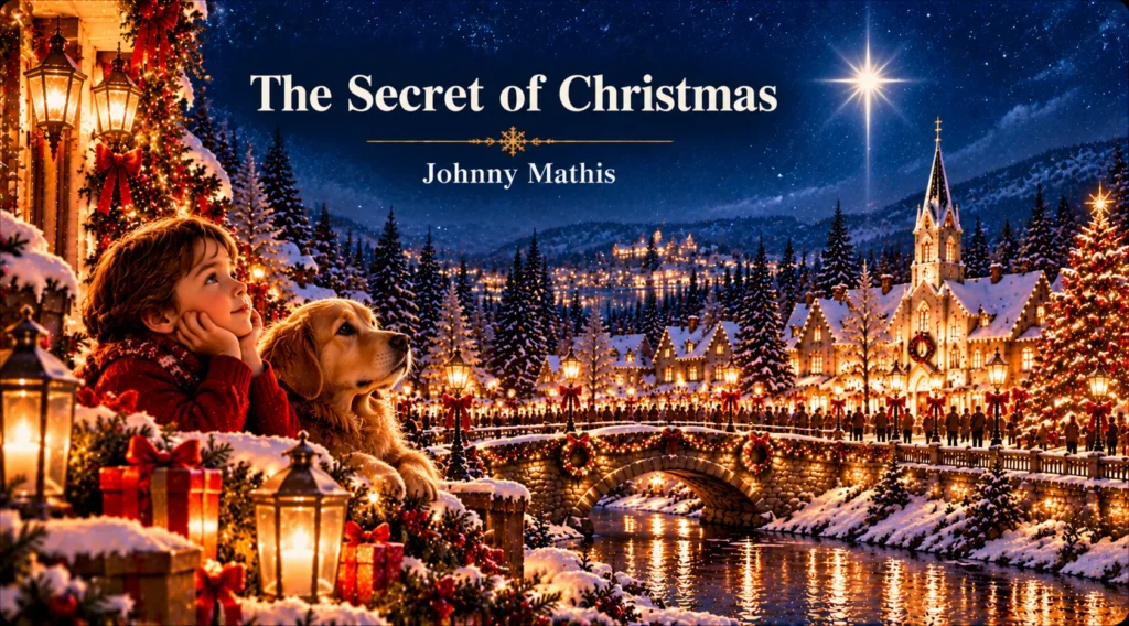 The Secret of Christmas – child and dog admire a glowing star above a snowy village.