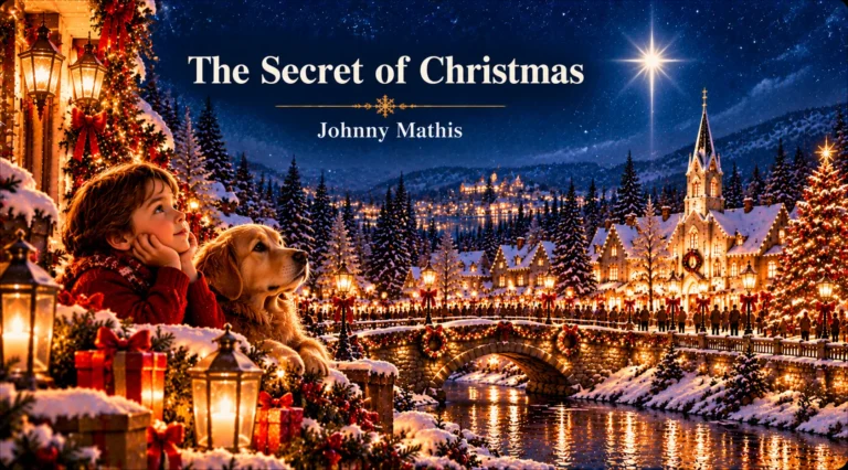 The Secret of Christmas – child and dog admire a glowing star above a snowy village.