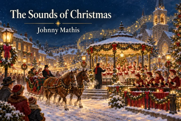 The Sounds of Christmas – choir and handbell players perform as a sleigh crosses snowy plaza.