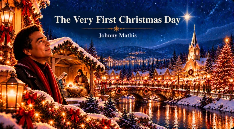 The Very First Christmas Day – nativity scene glows beneath a star in a snowy Christmas village.