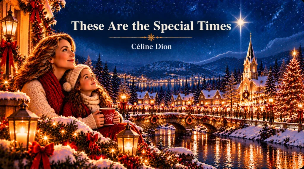 These Are the Special Times – mother and child enjoy a glowing snowy Christmas village.