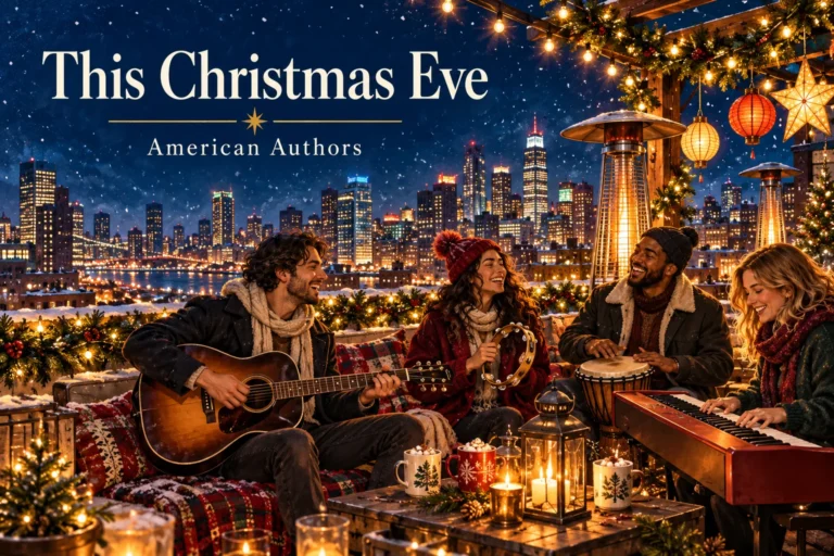 This Christmas Eve: friends perform festive music on a snowy city rooftop.