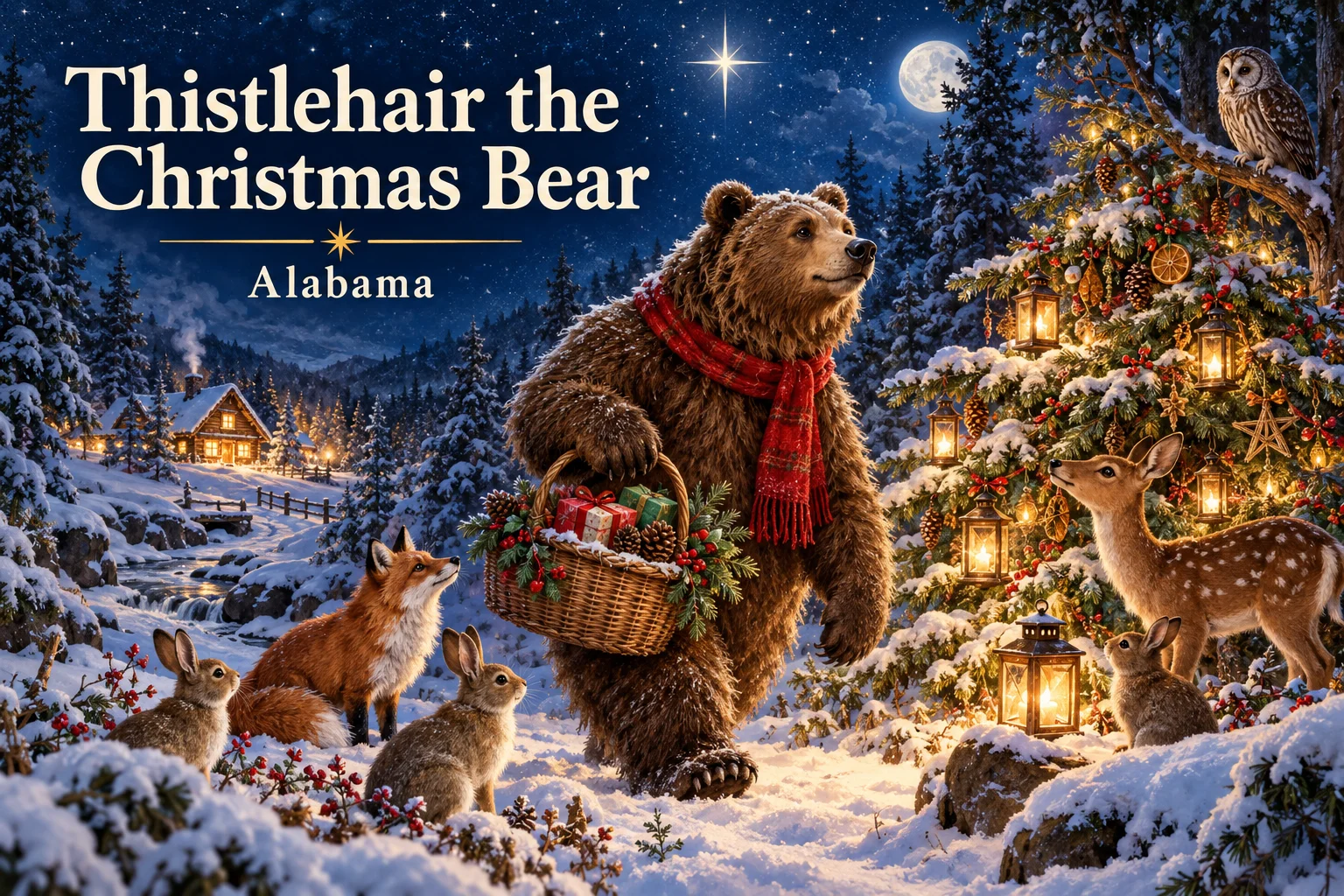 Thistlehair the Christmas Bear – a scarf-wearing bear brings gifts to woodland animals beneath festive lanterns.