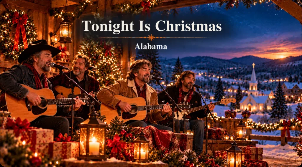 Tonight Is Christmas – country band performs on a festive porch overlooking a snowy Christmas village.
