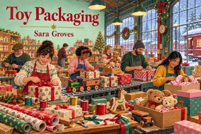 Toy Packaging: volunteers wrap colorful Christmas toys inside a cheerful railway workshop.
