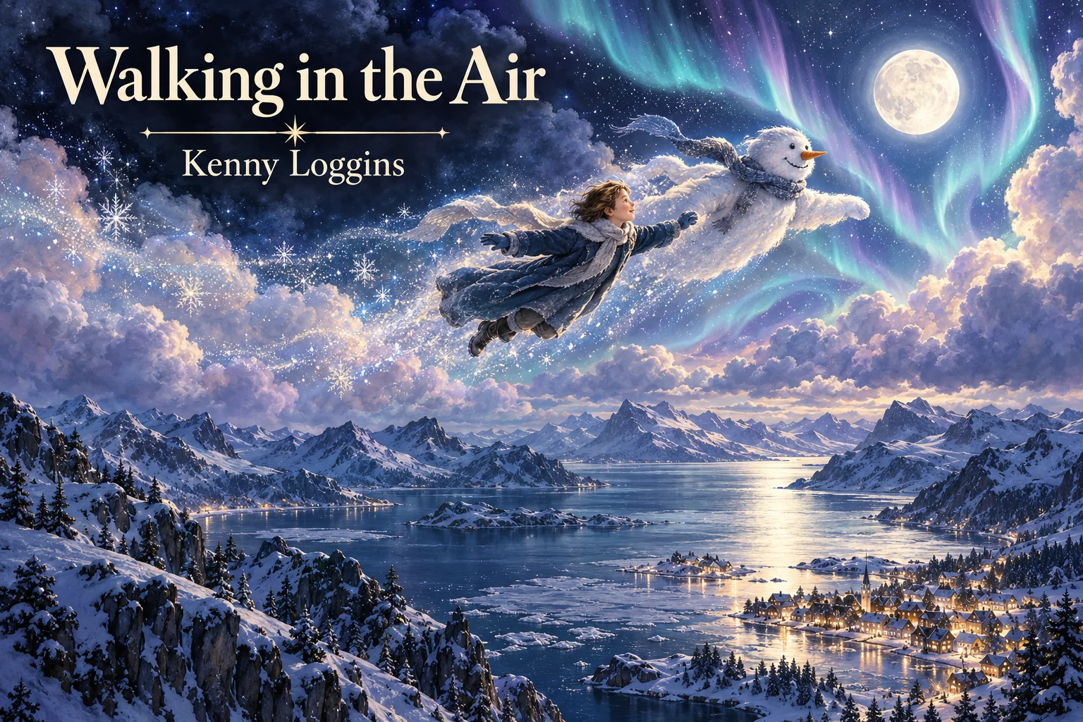 Walking in the Air: child and snow figure soar above a moonlit winter fjord.