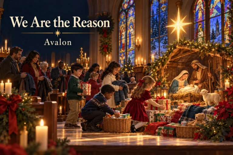 We Are the Reason – children give gifts beside a glowing church Nativity.