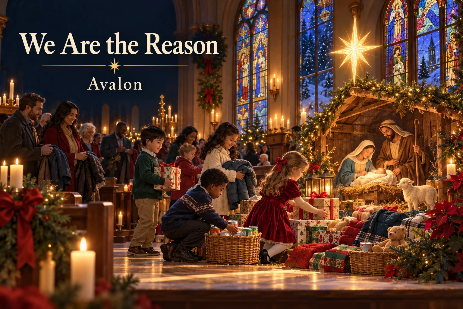 We Are the Reason – children give gifts beside a glowing church Nativity.