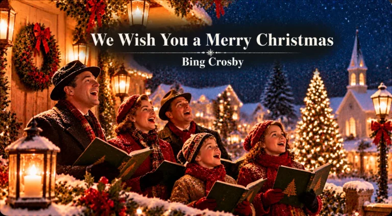 We Wish You a Merry Christmas – joyful carolers sing together in a glowing snowy village.