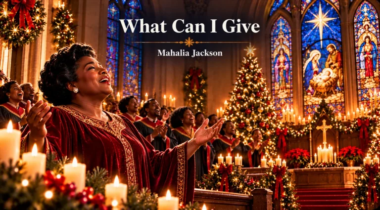 What Can I Give – gospel singer and choir celebrate Christmas inside a candlelit church.