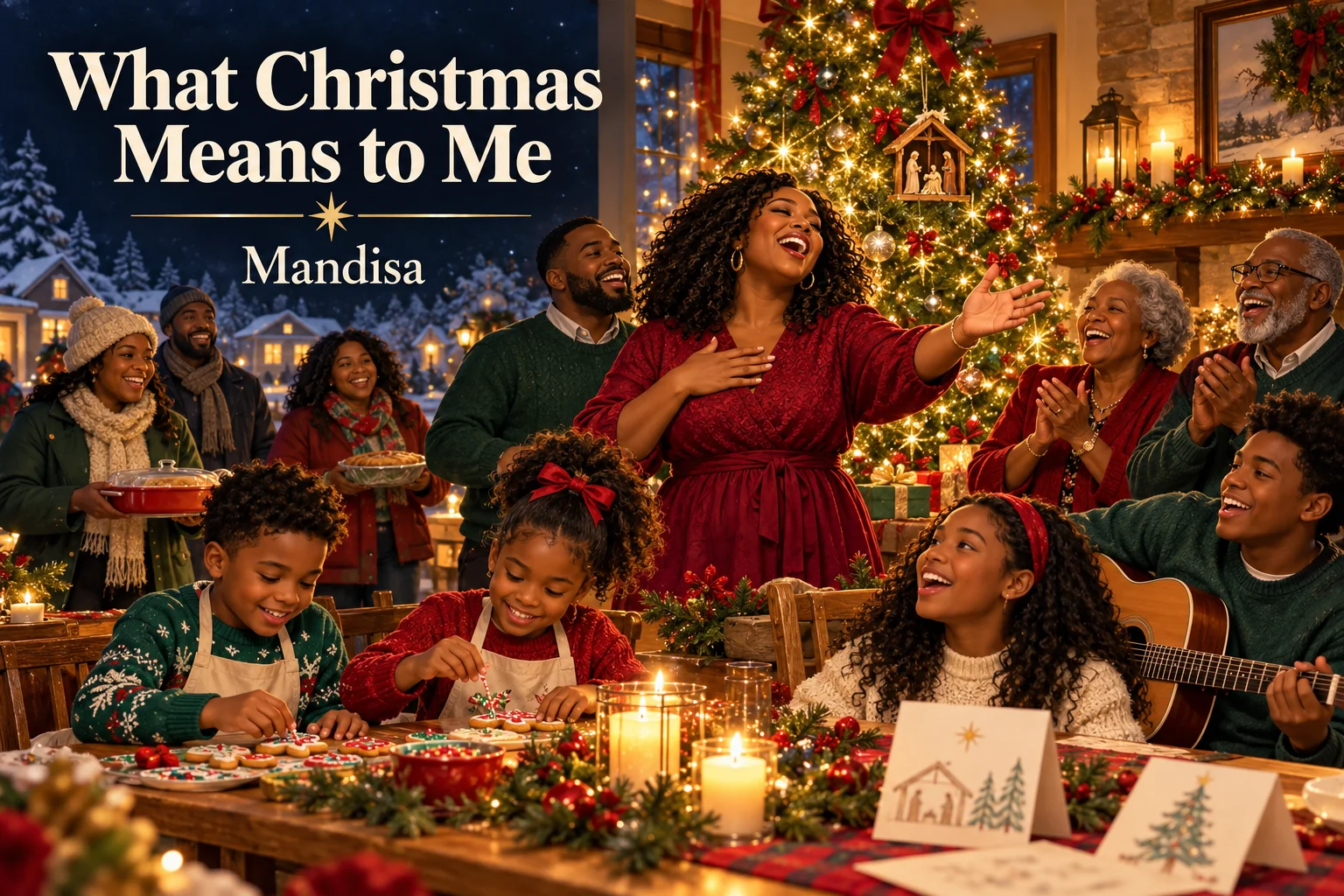 What Christmas Means to Me – joyful family sings and decorates cookies beside the Christmas tree.