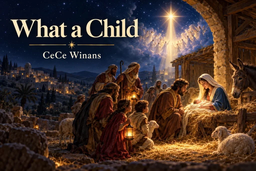 What a Child – shepherds worship Jesus beneath Bethlehem’s radiant Christmas star.