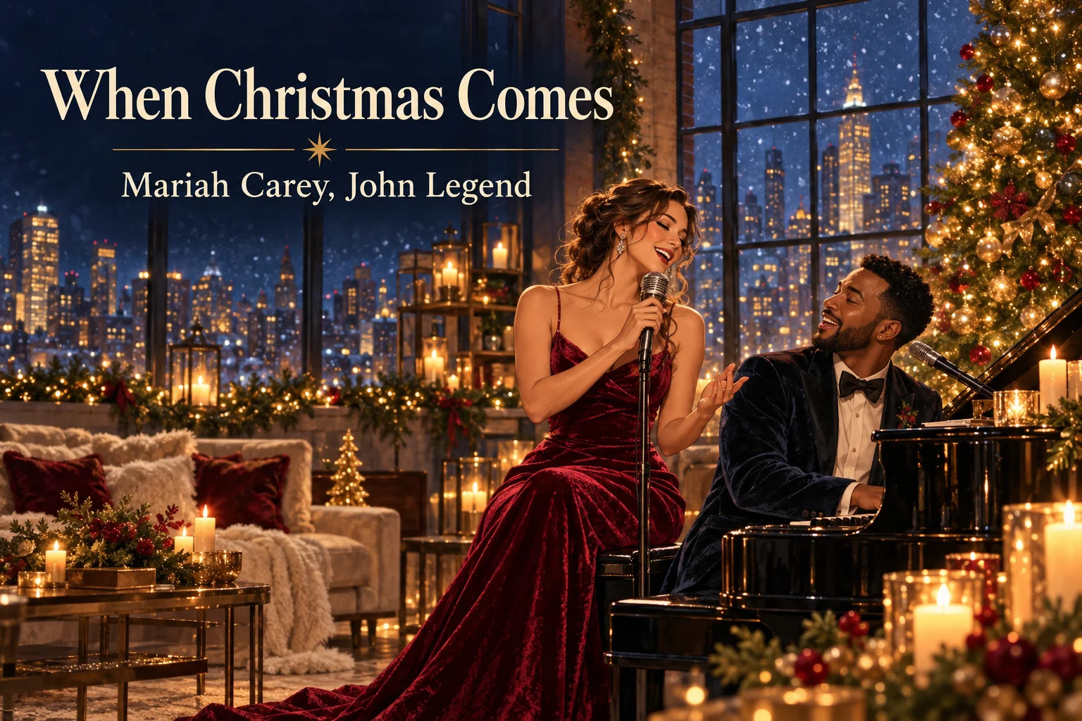 When Christmas Comes – festive duet beside a grand piano overlooking a snowy city.
