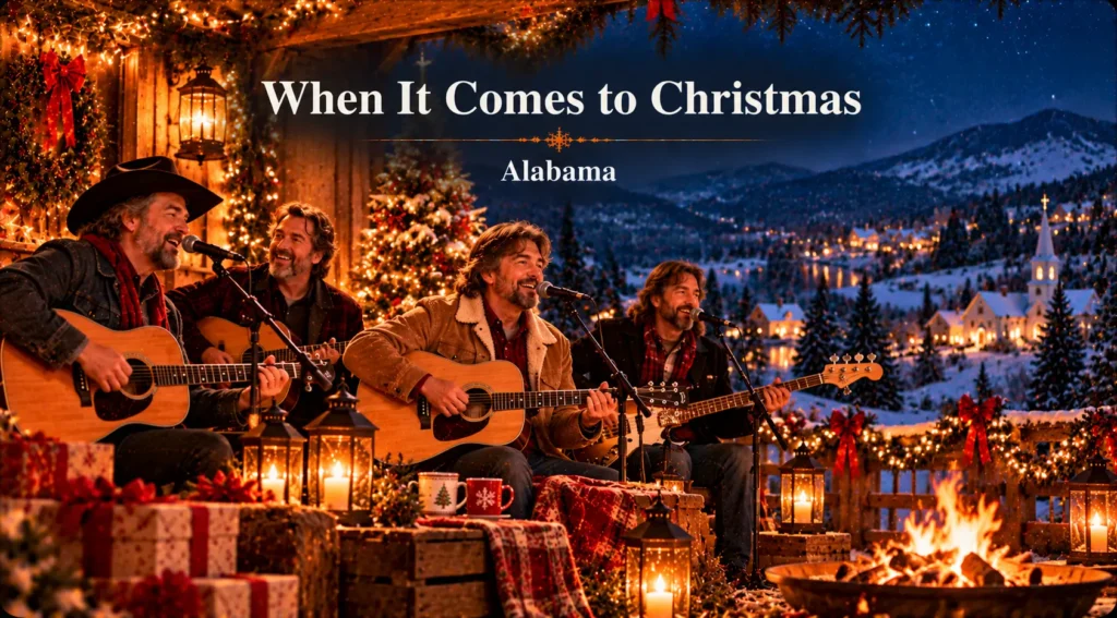 When It Comes to Christmas – country band performs beside a glowing fire on Christmas night.
