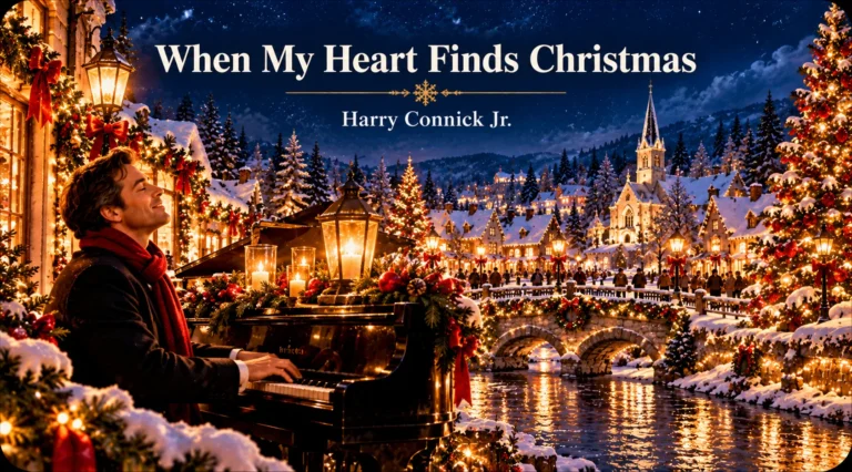 When My Heart Finds Christmas – pianist performs beside a glowing snowy Christmas village.