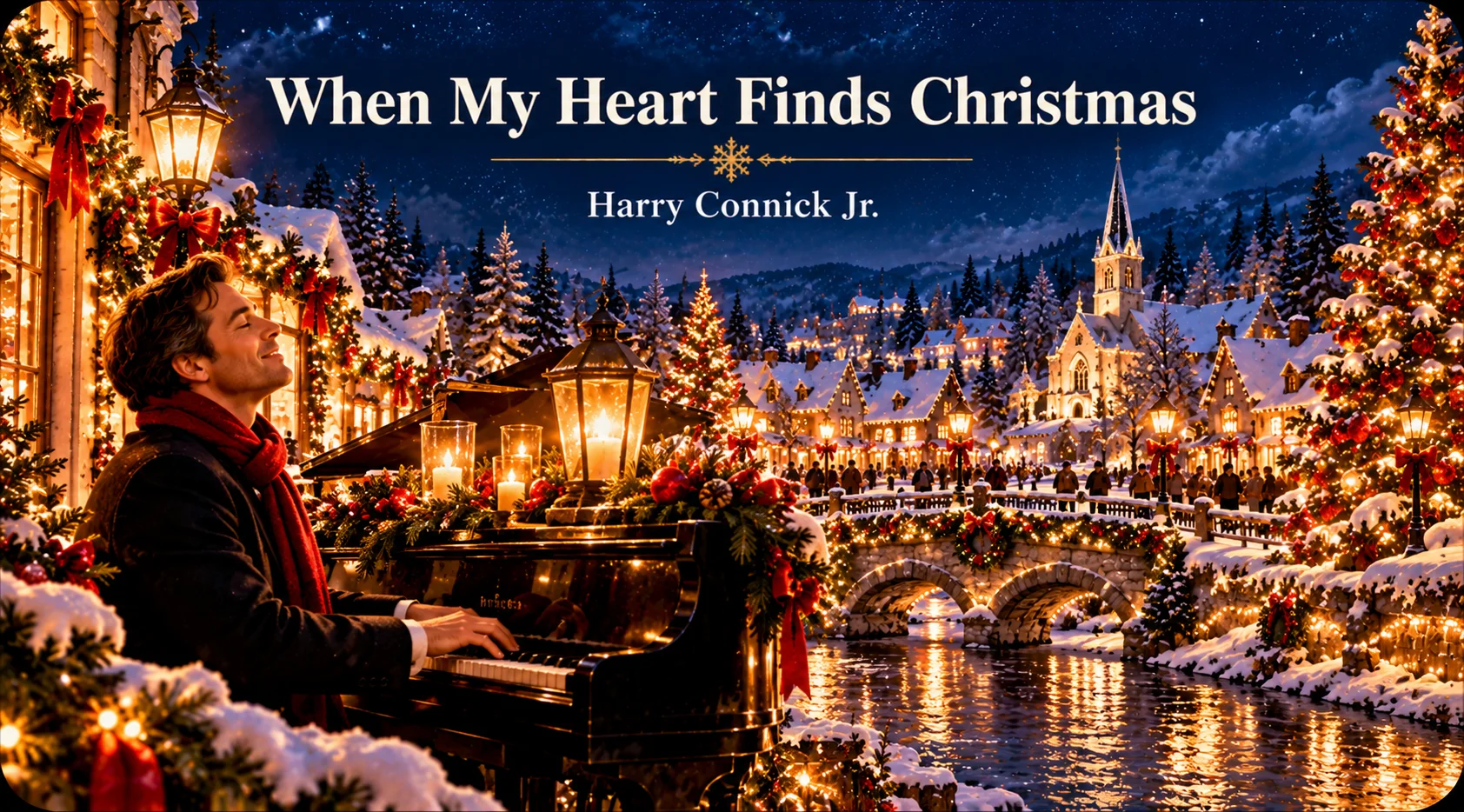When My Heart Finds Christmas – pianist performs beside a glowing snowy Christmas village.