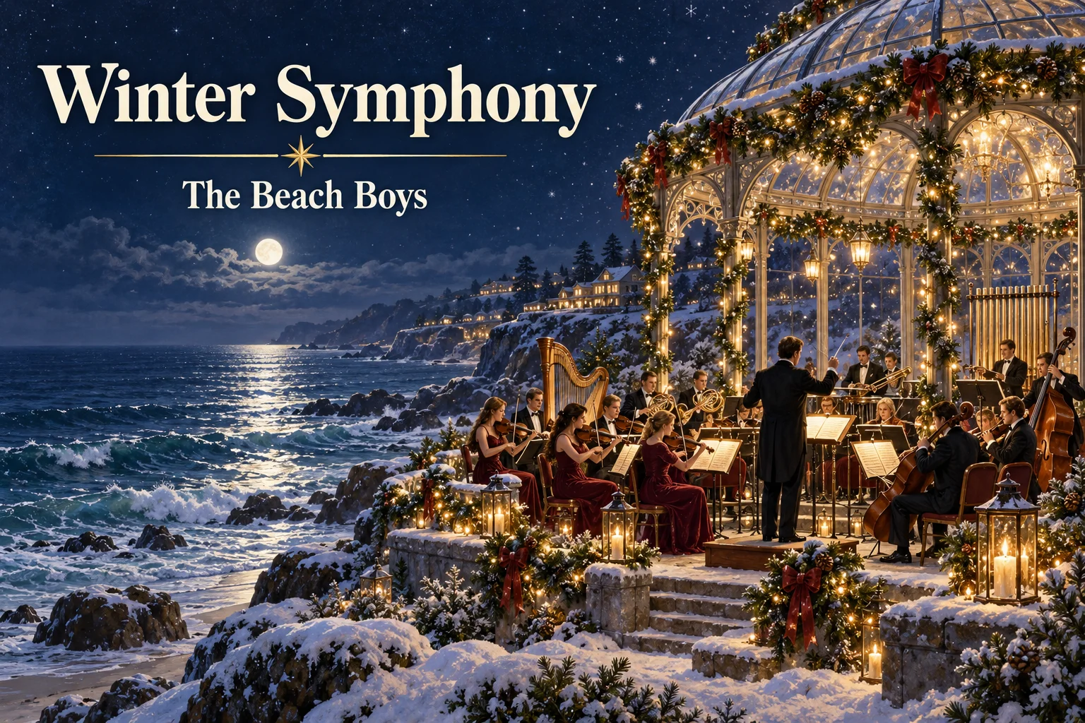 Winter Symphony – orchestra performs beside a snowy moonlit coastline at Christmas.