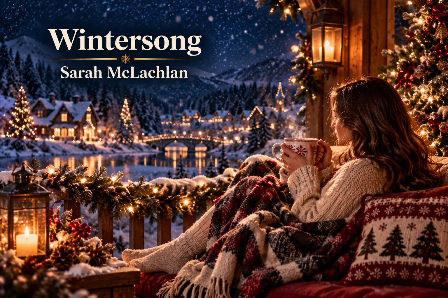 Wintersong – Sarah McLachlan enjoys a peaceful snowy evening with warm Christmas lights.