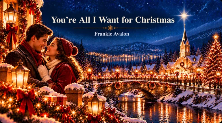 You're All I Want for Christmas – couple embraces beside a glowing snowy Christmas village.