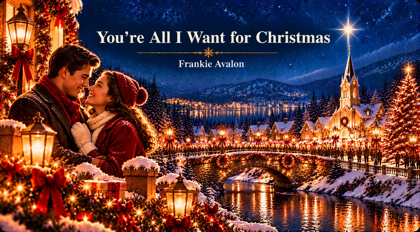 You're All I Want for Christmas – couple embraces beside a glowing snowy Christmas village.