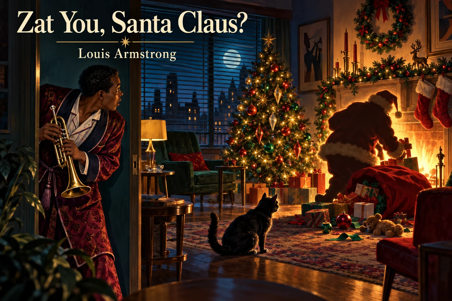 Zat You, Santa Claus? A startled trumpeter spots Santa beside a glowing Christmas fireplace.